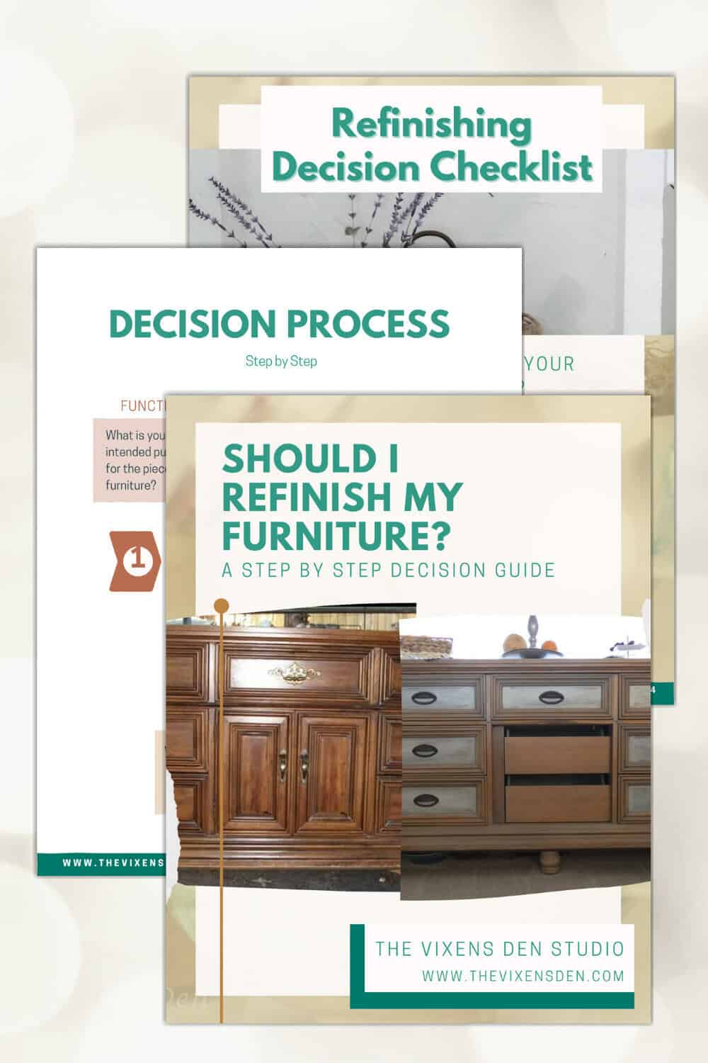A stack of guides with titles "Refinishing Decision Checklist," "Decision Process," and "Should I Refinish My Furniture? A Step by Step Decision Guide," is shown.