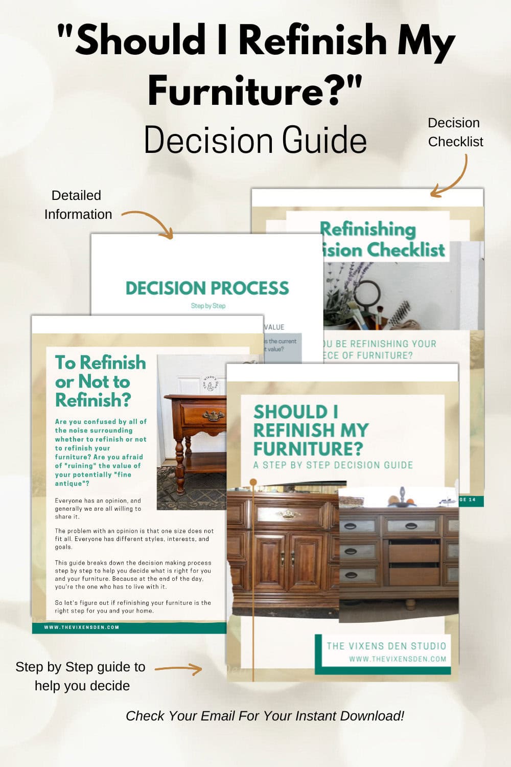 A decision guide titled "Should I Refinish My Furniture?" featuring sections on detailed information, decision process, checklist, and step-by-step guide to assist in making the choice to refinish or not.