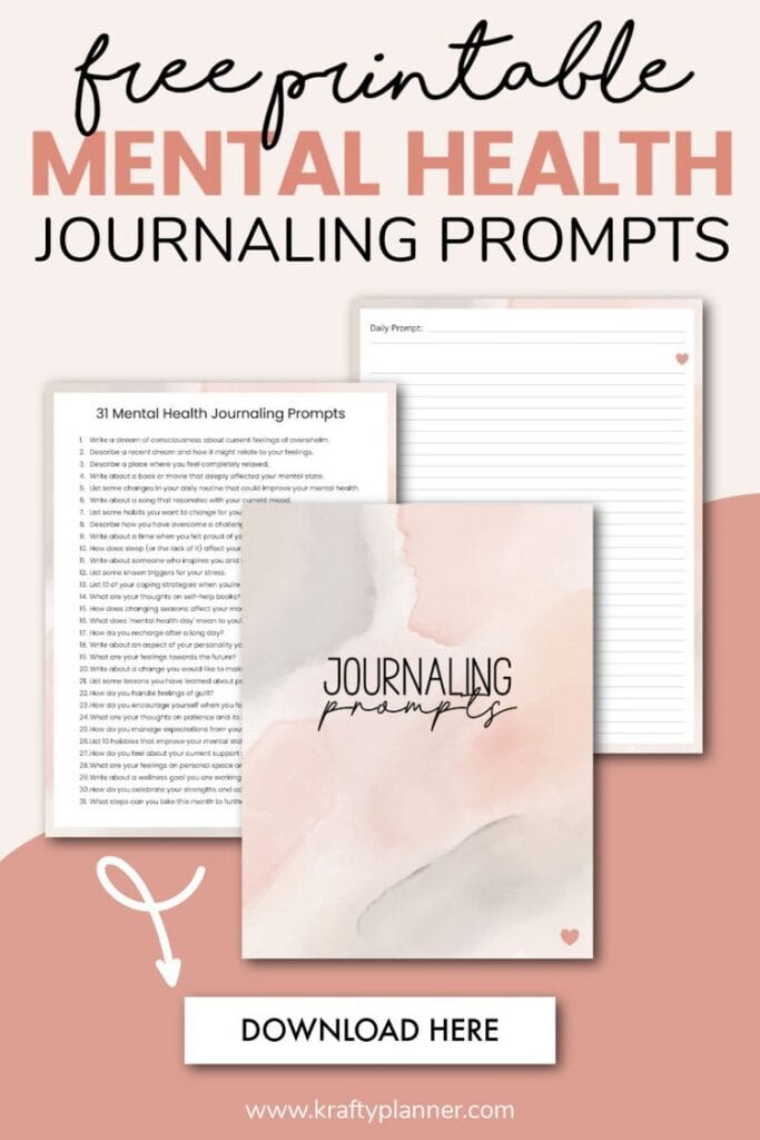 A promotional image offering free printable mental health journaling prompts, featuring sample pages and a download link.