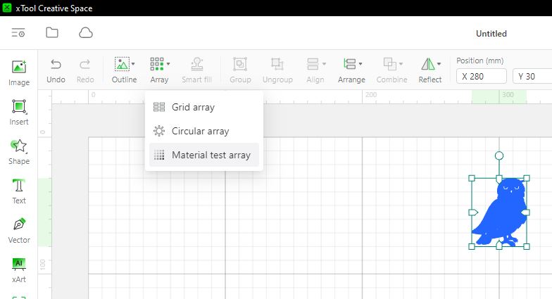 Screenshot of the xTool Creative Space software interface showing an outline of a bird shape selected on a grid. The "Array" menu is open with options for Grid array, Circular array, and Material test array.