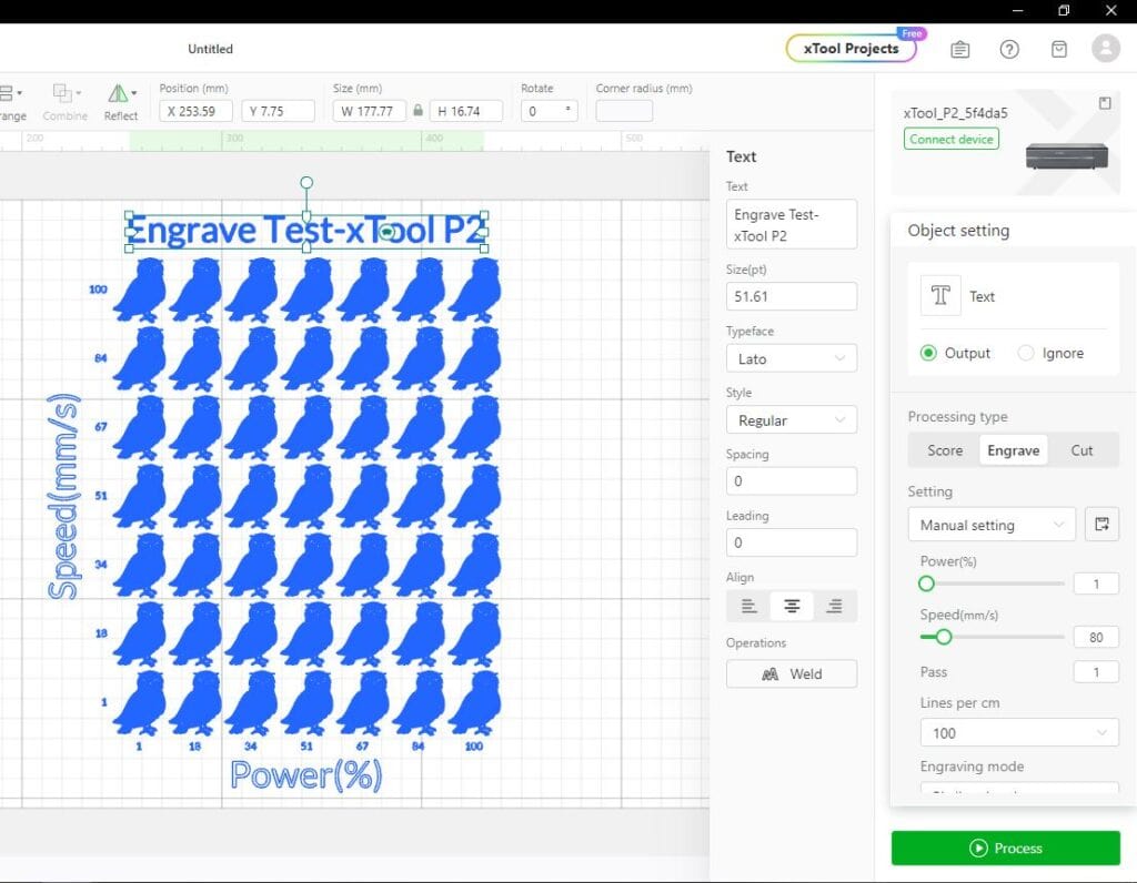 Screenshot of xTool Projects software interface displaying an engrave test pattern with 8 rows and 5 columns of blue silhouettes. Controls for text, laser power, and speed settings are visible on the right.