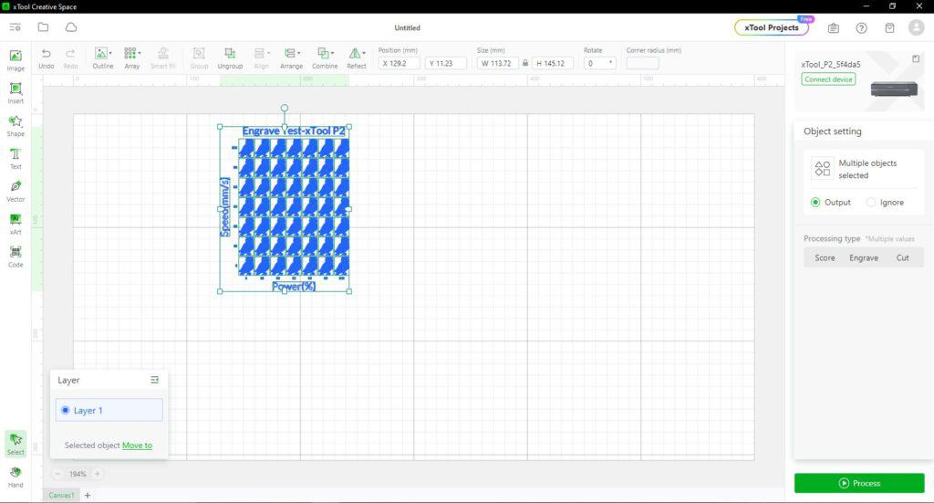 A screenshot of Trotec's job control software showing a grid of duplicated vector graphics with highlighted positions. Multiple objects are selected in the design area on the grid.