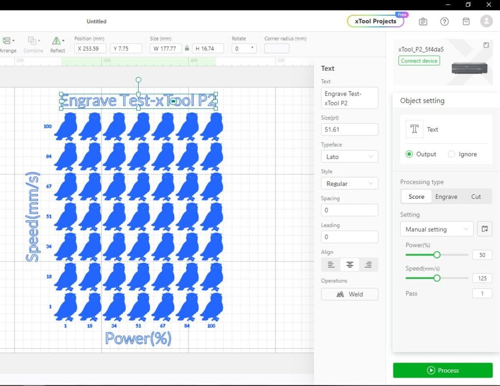 A software interface displaying an engraving project with a grid of blue silhouettes. Options for text settings, object settings, and manual settings such as speed and power are visible.