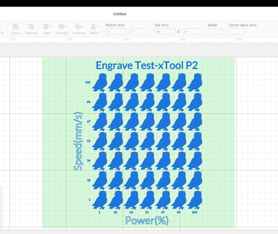 Engraving test grid for xTool P2 showing 49 blue silhouette engravings with varying speed (mm/s) and power (%) parameters.