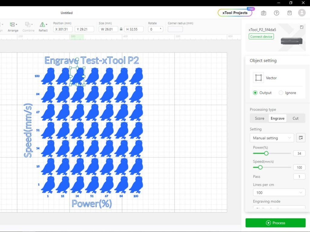 Screenshot of the xTool software interface showing an engraving test pattern with varying speed and power settings. The patterns depict silhouettes of an owl with different processing parameters.