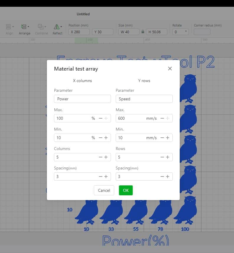 A software interface shows a grid of blue owl icons and a "Material test array" configuration window with various settings for power, speed, columns, rows, and spacing for the X and Y axes.