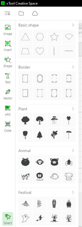 Screenshot of the xTool Creative Space interface displaying options for basic shapes, borders, plants, animals, and festival-themed shapes on the left side menu.