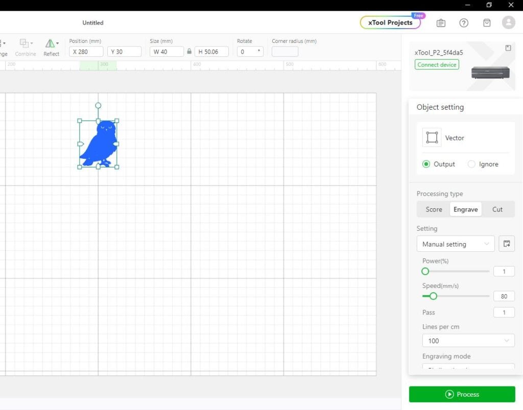 Screenshot of xTool Projects design software with a blue vector image of a bird on a grid canvas. Various settings and options are visible on the right panel of the interface.