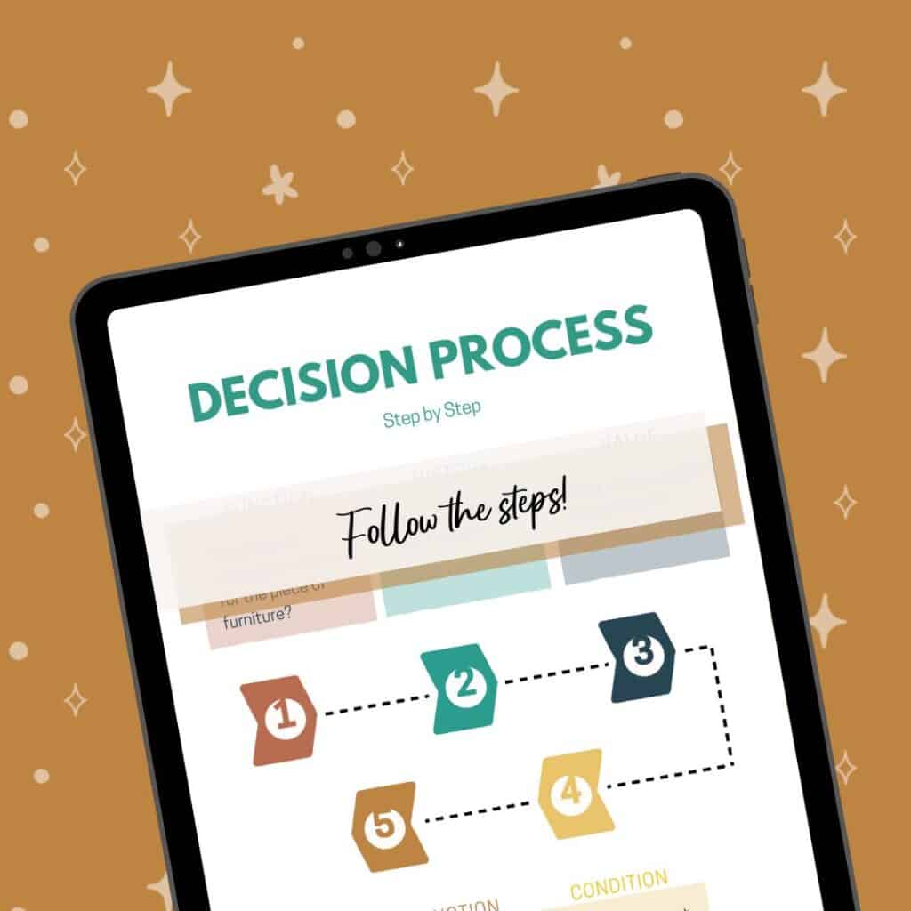 Tablet displaying a page titled "Decision Process Step by Step" with the instruction "Follow the steps!" above a flowchart. The background features a pattern with stars and sparkles.