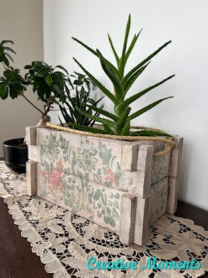 A decorative wooden planter with floral designs holds an aloe vera plant and another small plant. It sits on a lacy table runner with a small potted plant in the background.