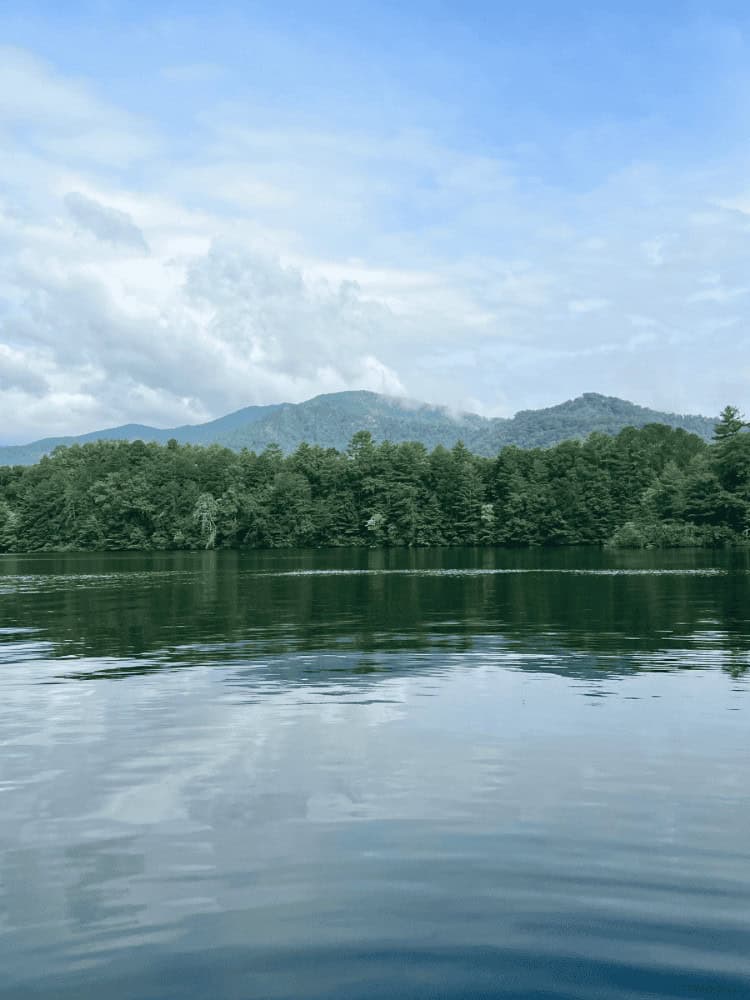 A calm lake with gentle water ripples mirrors a surrounding forest and distant mountain range under a partially cloudy sky.