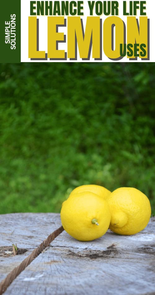 Three lemons on a wooden surface against a background of green foliage with text reading "Enhance Your Life Lemon Uses" and "Simple Solutions".