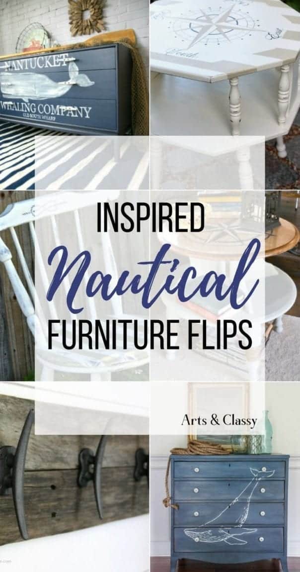 Collage of various furniture redesigned with a nautical theme, including a dresser, table, and chairs, accompanied by the text "INSPIRED Nautical FURNITURE FLIPS.