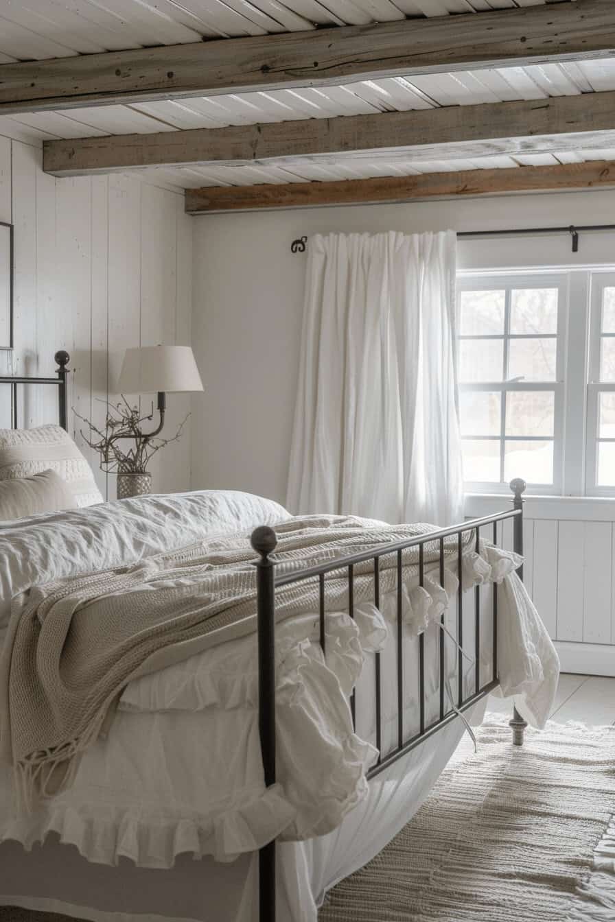 A bright bedroom with a black metal bed frame, white bedding, a white curtain on the window, wooden ceiling beams, a lamp on a nightstand, and a rug on the floor.