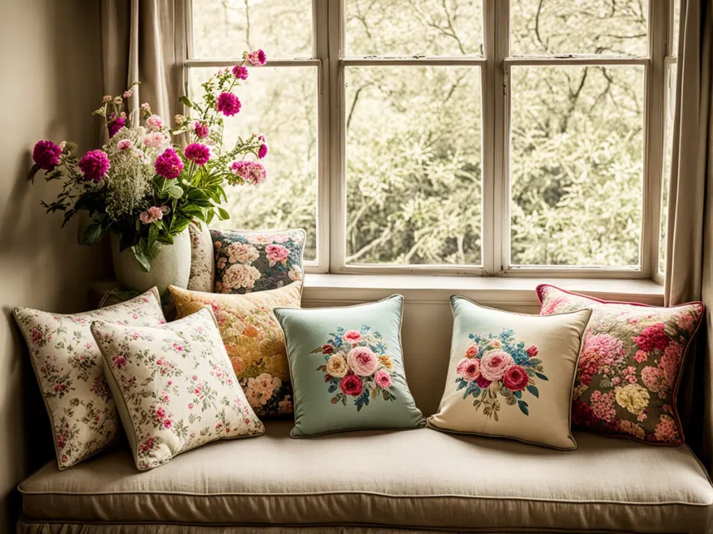 A window seat with floral-printed cushions and a vase of pink and white flowers, set against a window overlooking a bright outdoor scene with trees.