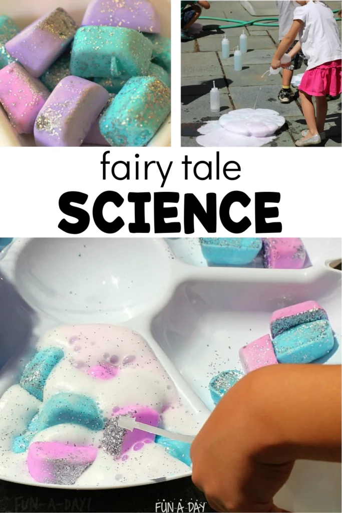 Three images showing children using colorful, glittery materials for a science project. Text overlay reads "fairy tale SCIENCE" in bold black letters.