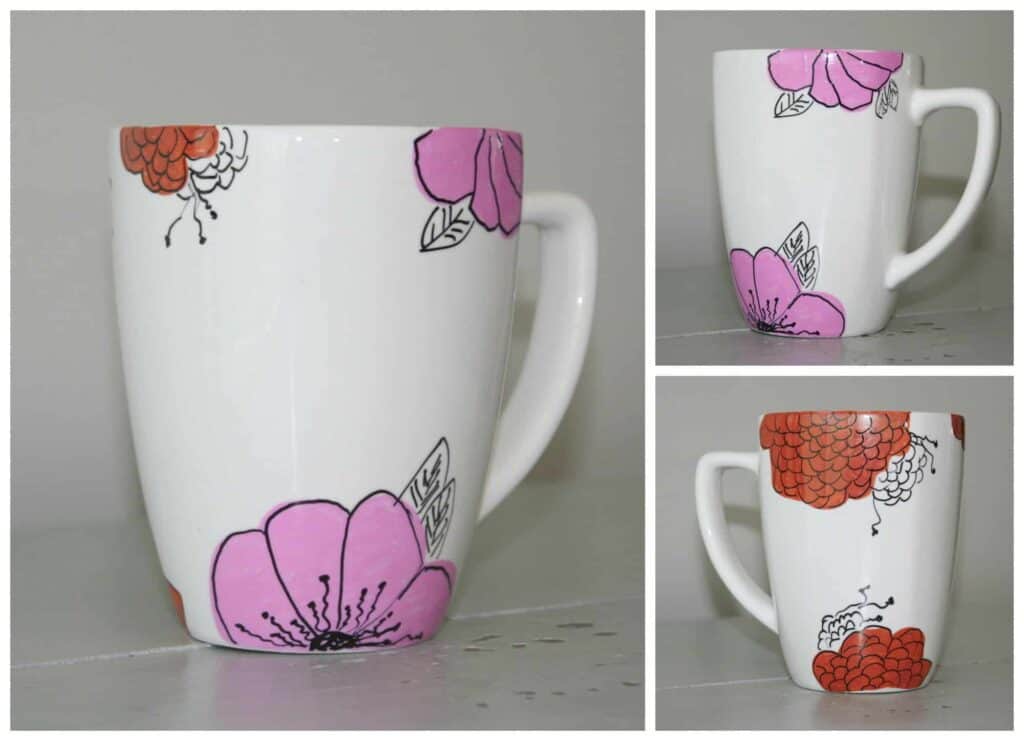 White ceramic mug with pink and red floral designs. Shown from different angles: front, side, and back.