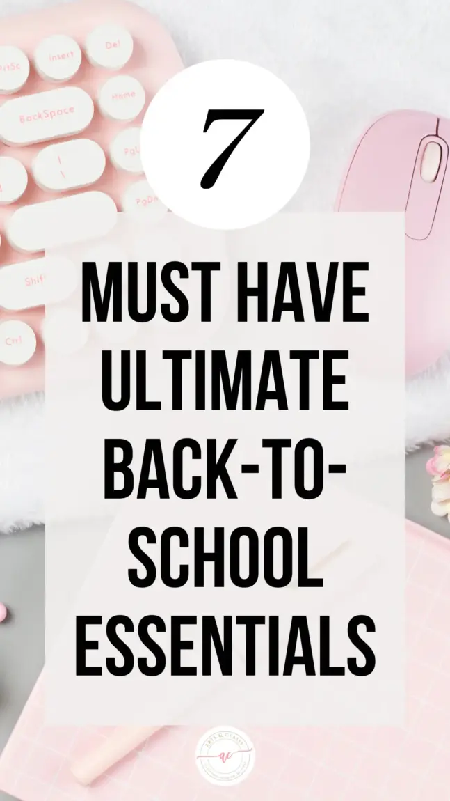 Image of text overlay on a background with various stationery items. The text reads, "7 Must Have Ultimate Back-To-School Essentials.