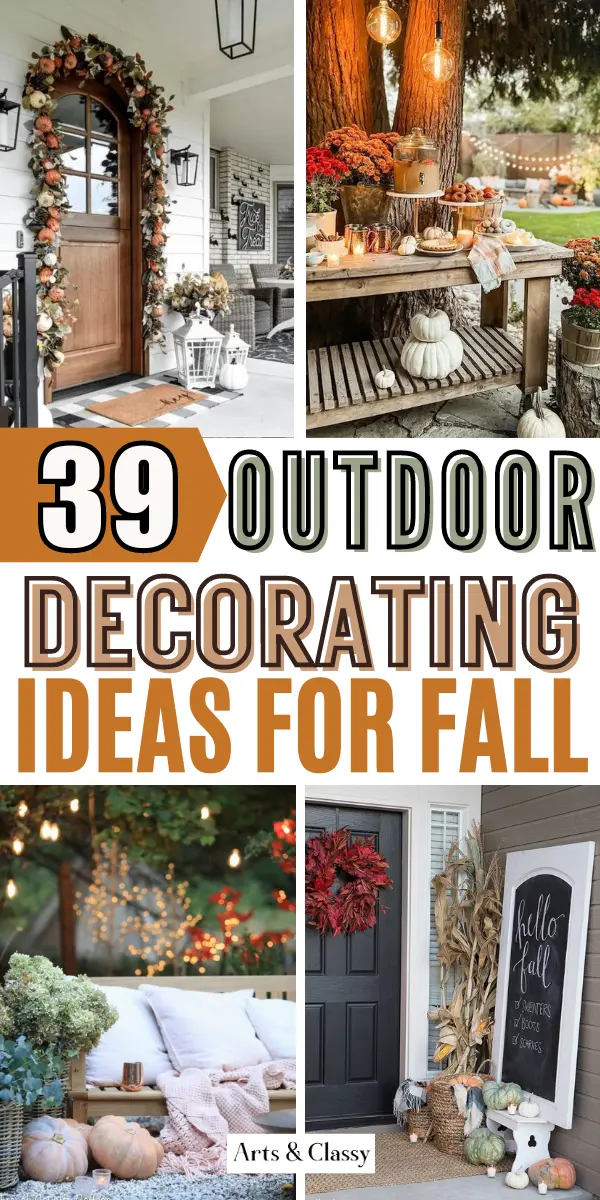 A collage of fall-themed outdoor decorations, including a porch with fall foliage, a table with pumpkins and lights, a yard with pumpkins, and a doorstep with autumn decor. Text reads "39 Outdoor Decorating Ideas for Fall.