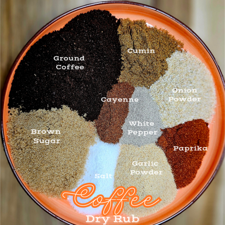 A labeled orange bowl contains ground coffee, cumin, cayenne, onion powder, white pepper, paprika, garlic powder, salt, and brown sugar, arranged in a circular pattern. Text reads: "Coffee Dry Rub.