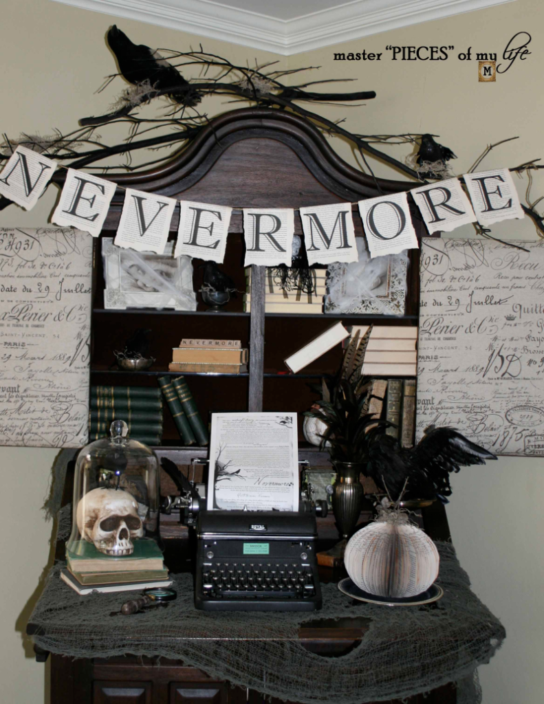 A typewriter and books are displayed on a decorated table, surrounded by a banner reading "NEVERMORE," fake ravens, cobwebs, a skull in a glass dome, and gothic-style decor.