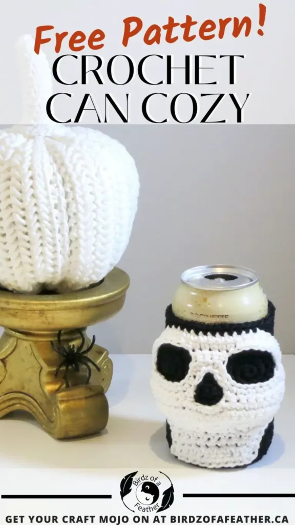 A crocheted skull can cozy and a white crocheted pumpkin on a gold stand. Text reads: "Free Pattern! Crochet Can Cozy.