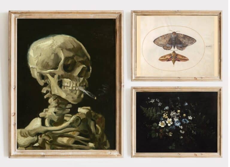 A triptych featuring a smoking skeleton, a moth illustration, and a floral still life, each in a wooden frame against a white background.