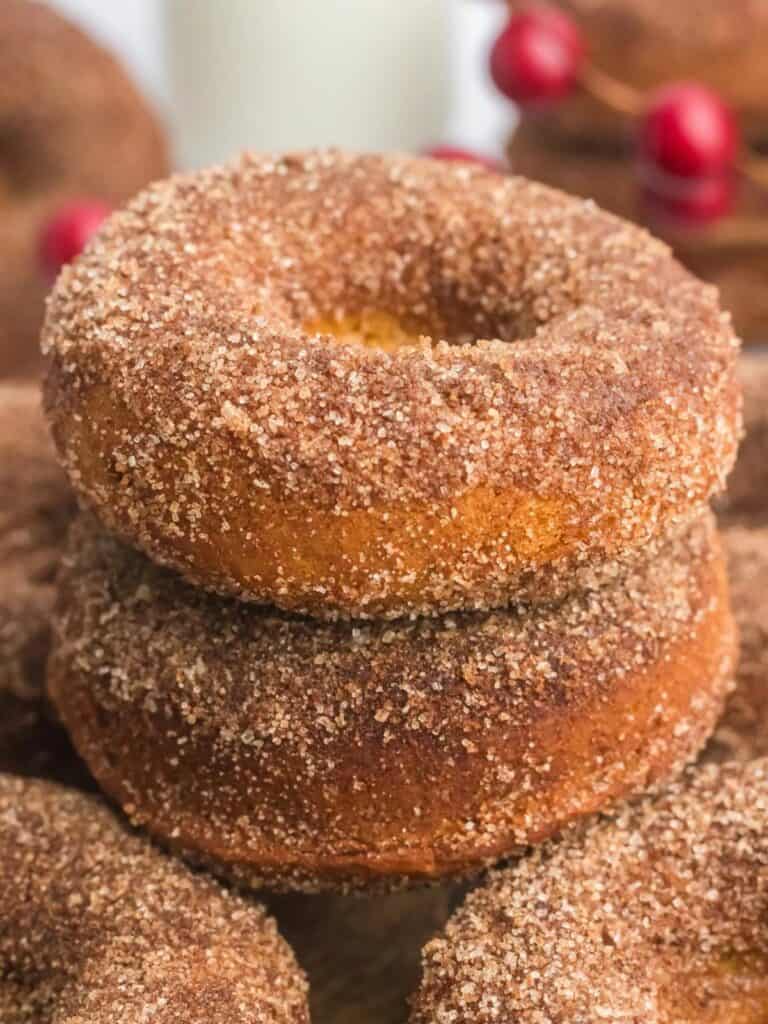 Two cinnamon sugar donuts are stacked with more donuts blurred in the background.