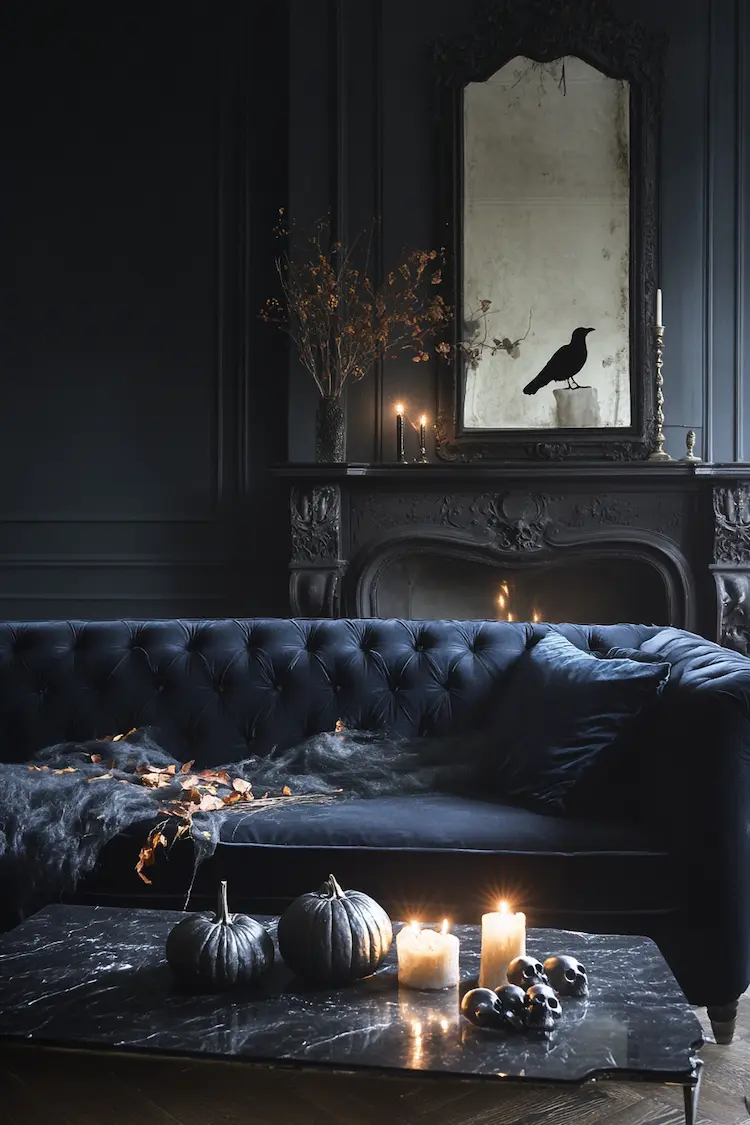 A dark, elegant living room with a navy sofa, a black marble coffee table with candles, pumpkins, and a plush throw. A mirror and decorative items adorn the mantel above the fireplace.