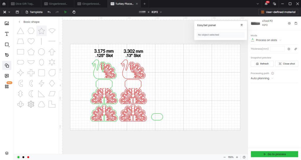 Design software interface displaying laser cut patterns of turkey shapes arranged in rows, with measurements of 3.175 mm and 3.302 mm noted above the slots.