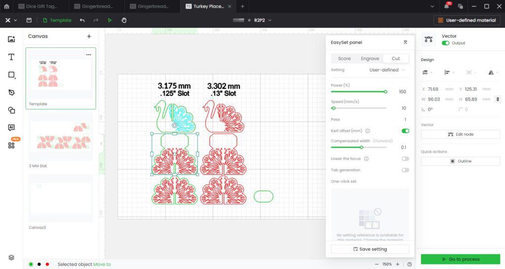 Design software interface displaying a 3D model of turkeys with measurements and laser cutting settings, including power and speed adjustments.