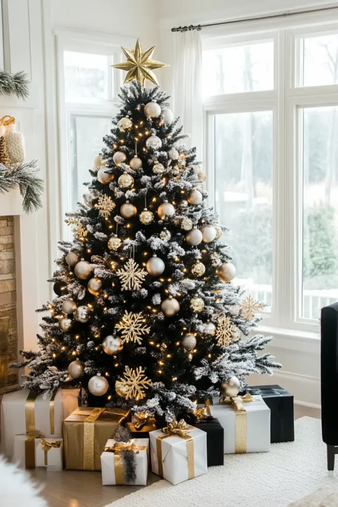 A decorated Christmas tree with gold and silver ornaments, a star on top, and wrapped gifts underneath, stands in a bright room by a window and fireplace.