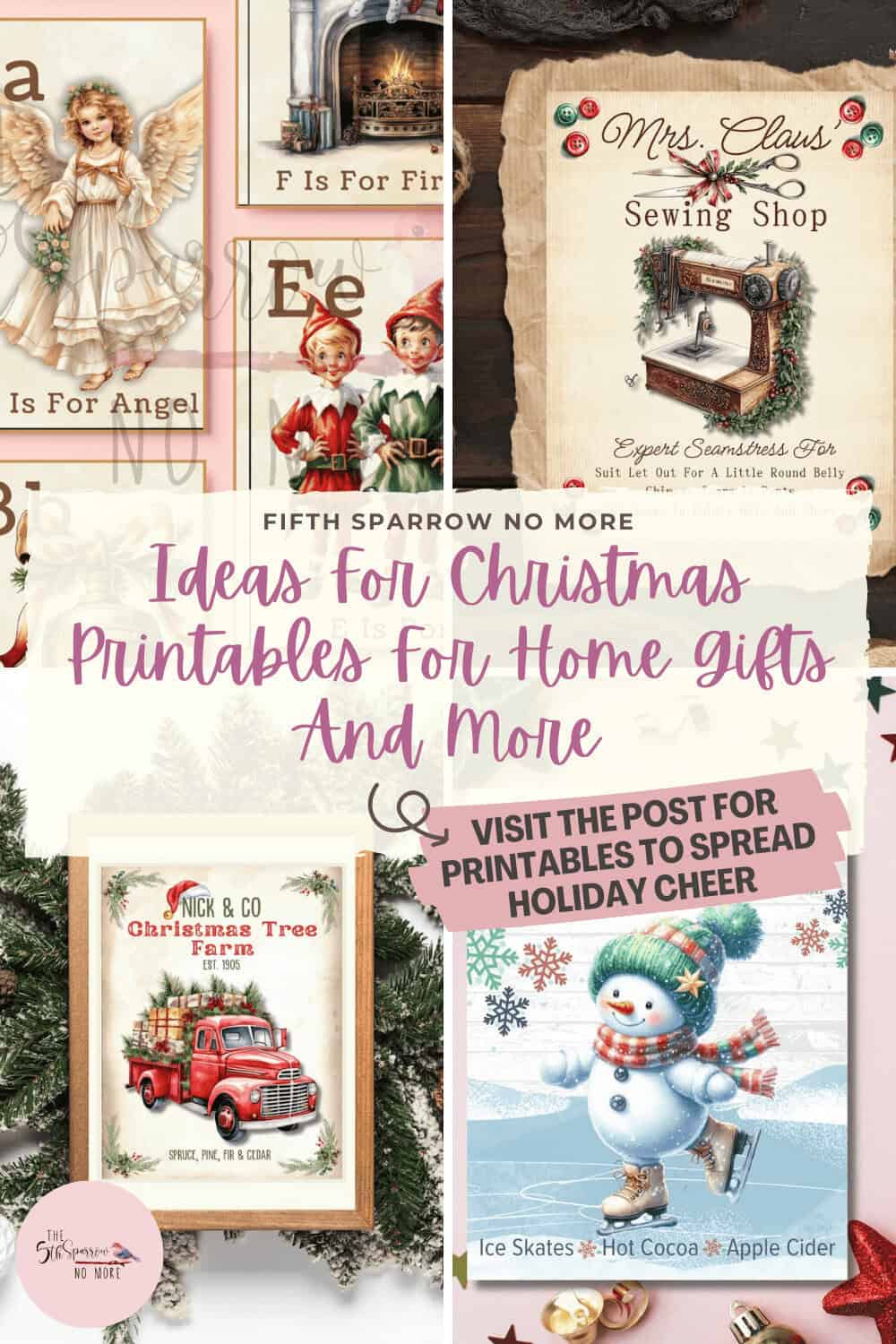 A collage of Christmas printables for home gifts, featuring festive illustrations like angels, a vintage truck, Mrs. Claus's shop, and a snowman.