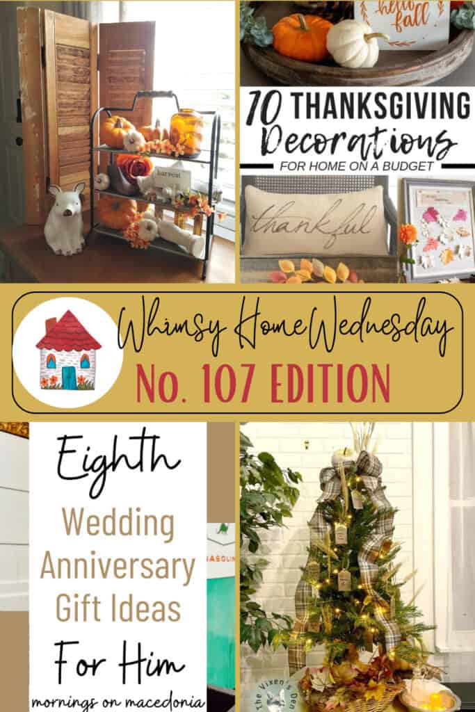 A collage featuring Thanksgiving and anniversary decor ideas, including a decorated shelf, pumpkin display, a wedding gift guide, and a Christmas tree with plaid ribbon.