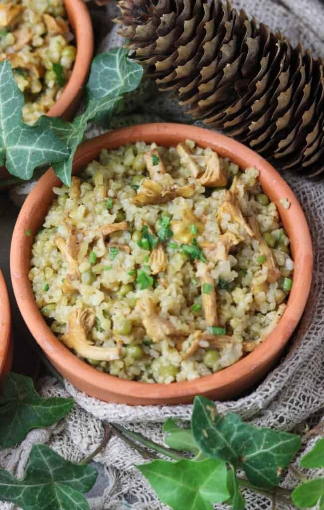 A rustic dish of rice with herbs and mushrooms in a clay bowl, surrounded by ivy leaves and a pine cone.