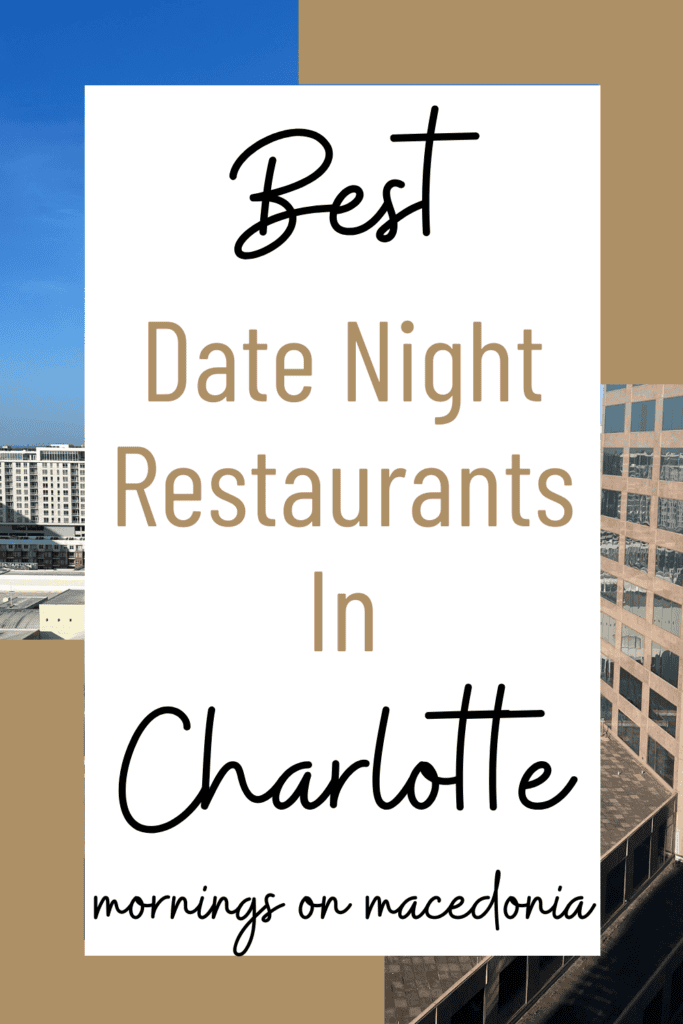 Text on image reads: "Best Date Night Restaurants In Charlotte. Mornings on Macedonia." Background shows a cityscape with buildings.