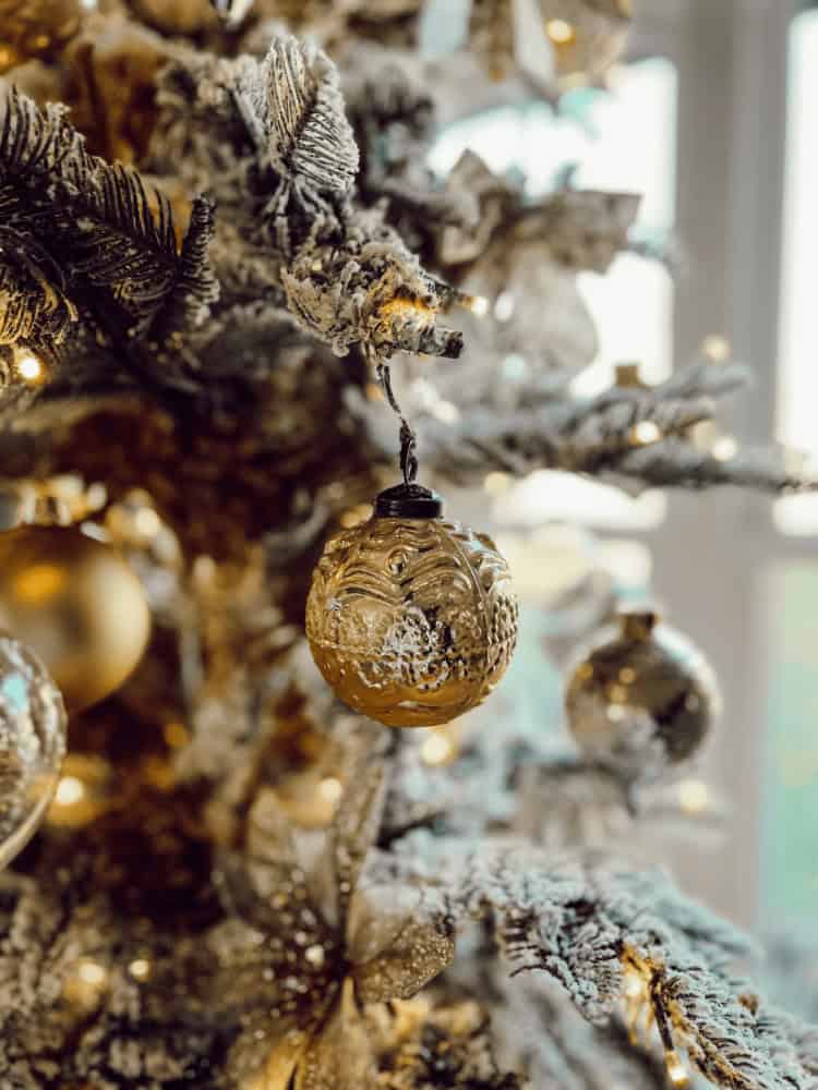 Close-up of a Christmas tree branch with a frosted appearance, decorated with a golden glass ornament and white lights.