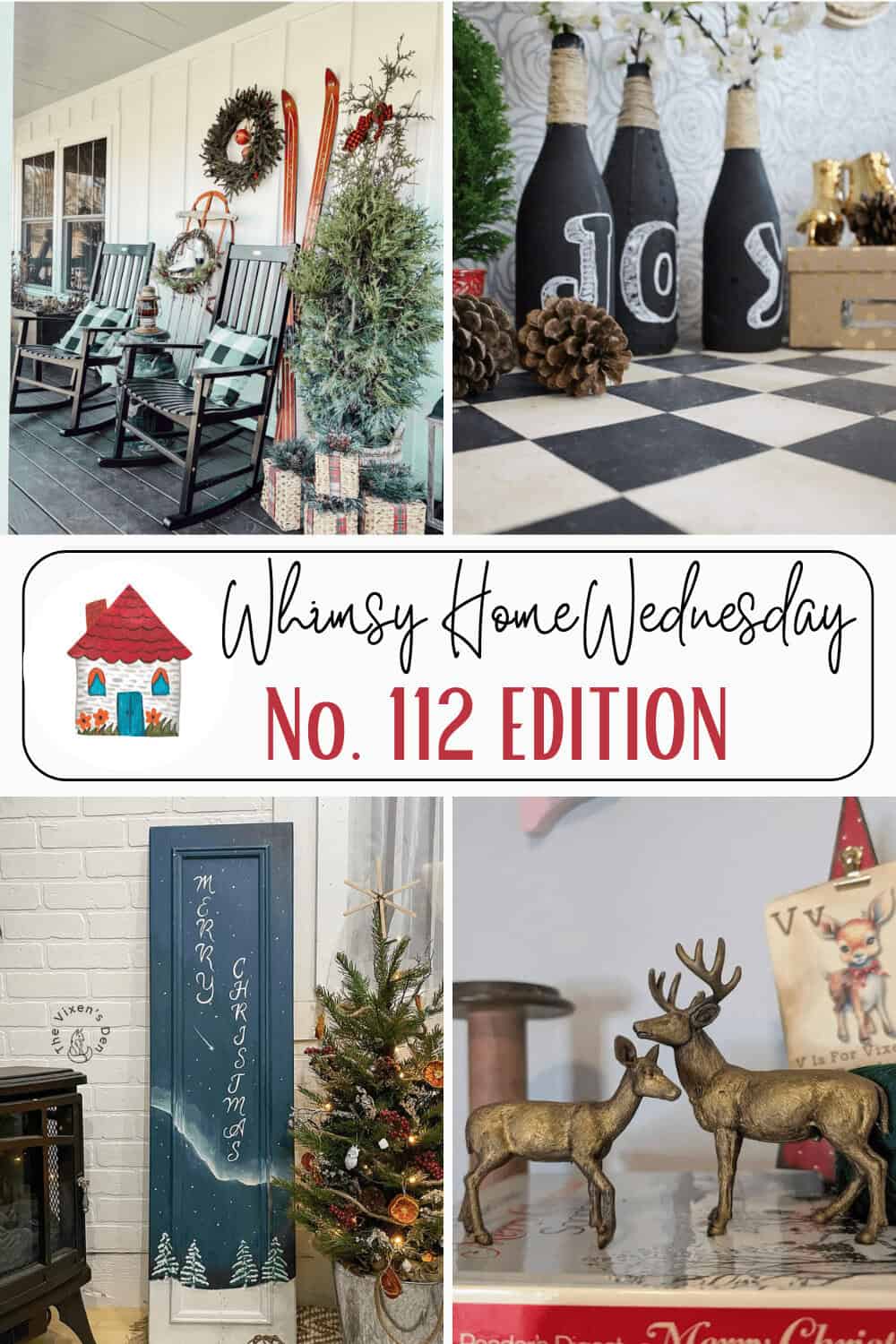 Collage of home decor with Christmas themes: front porch with rocking chairs, checkerboard table with bottles, snowman sign by a small tree, and reindeer figurines with Christmas cards.