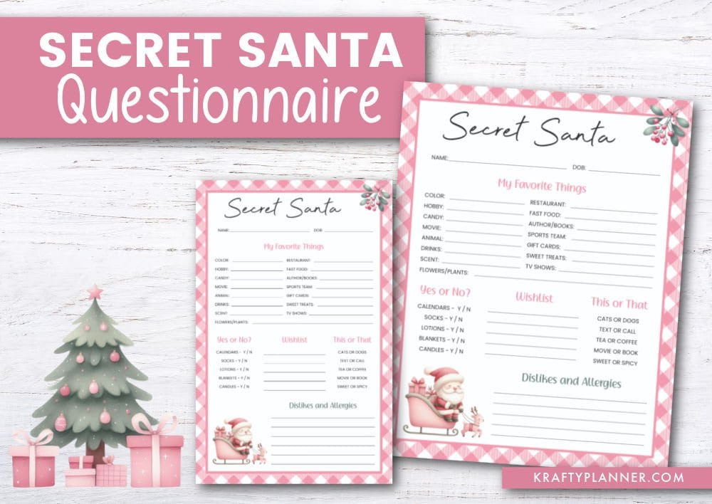 Secret Santa questionnaire with sections for favorite things, wishes, and allergies. Festive design includes a Christmas tree, presents, and Santa illustration.