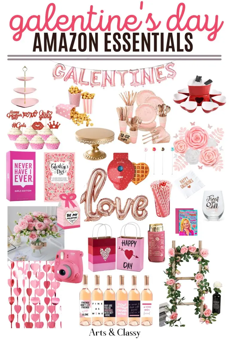 Collage of pink Galentine's Day themed items, including decorations, gifts, books, and drinks, labeled "Galentine's Day Amazon Essentials.