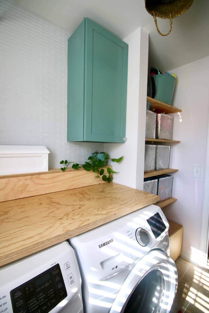 Laundry room with a Samsung washer and dryer, a green cabinet, wooden shelves with storage bins, and a wooden countertop with a small potted plant.