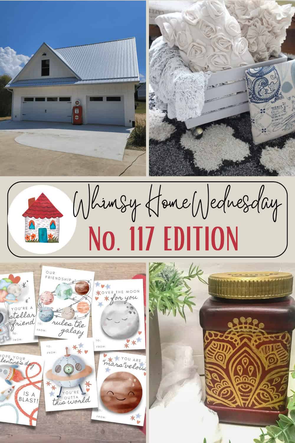 Collage of a house, decorative box with yarn, greeting cards with celestial themes, and a jar with a henna-style pattern. Text reads "Whimsy Home Wednesday No. 117 Edition.