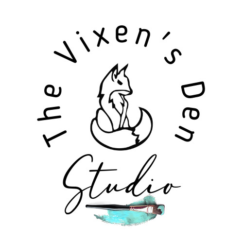 Logo for The Vixen's Den Studio, featuring a stylized fox and a paintbrush with teal paint.