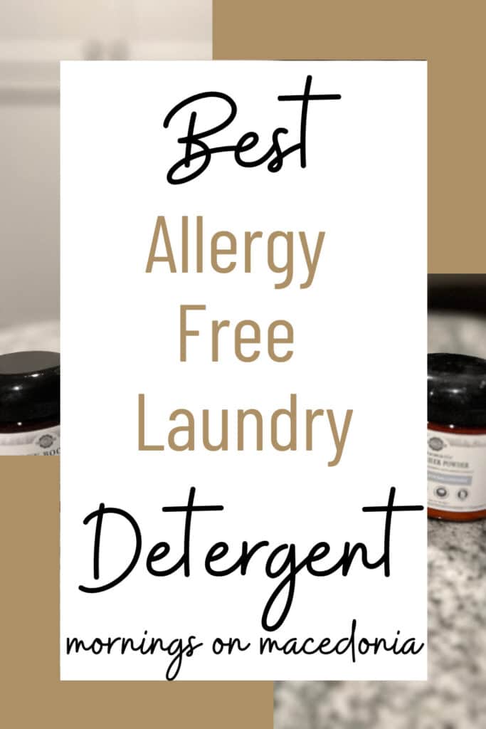 Text on image: "Best Allergy Free Laundry Detergent mornings on macedonia" with a background of two jars on a countertop.