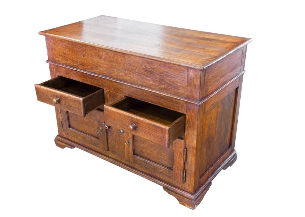 A wooden sideboard with two open drawers and two closed cabinet doors, set against a white background.
