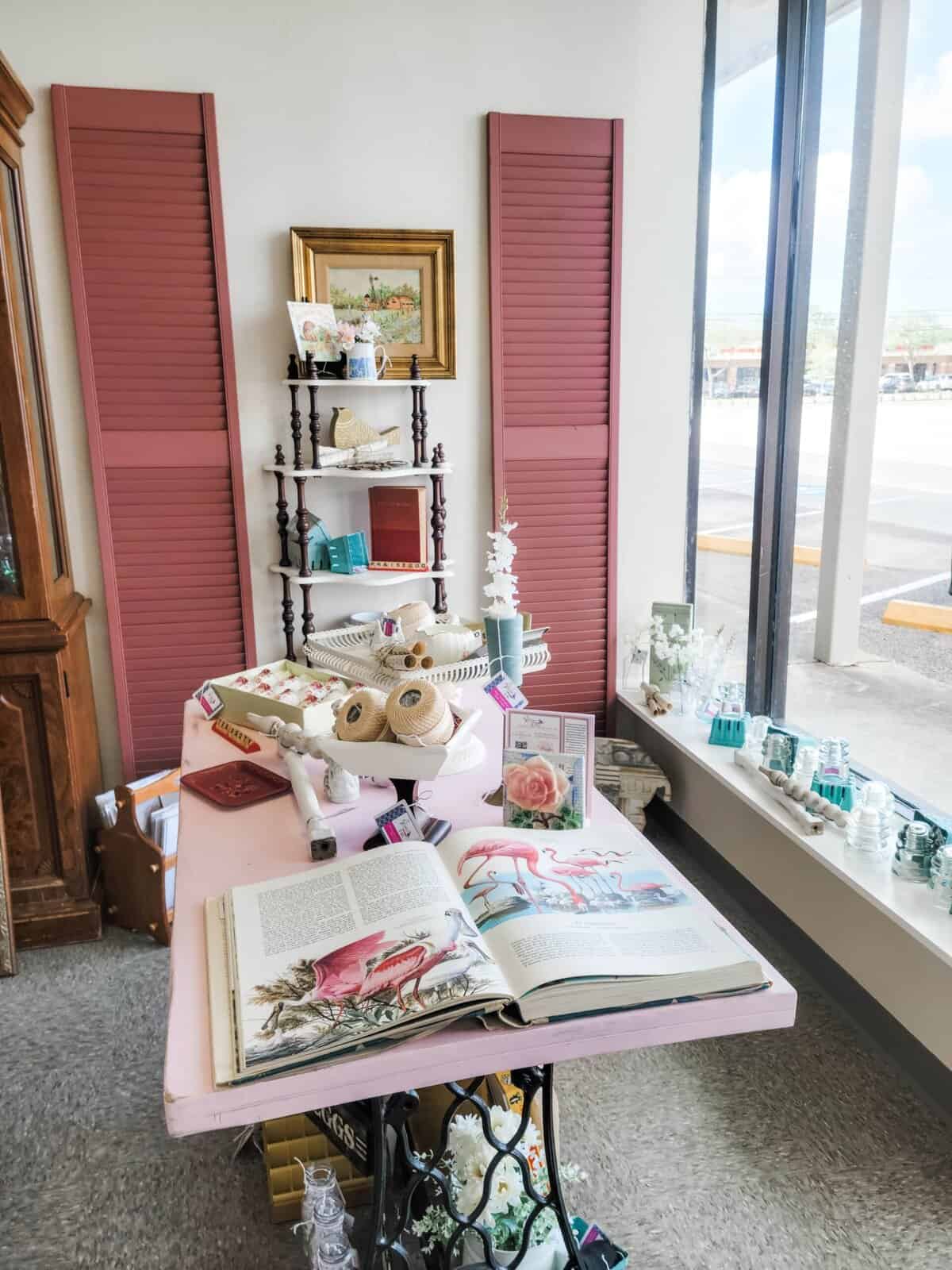A small shop display features open books, decorative items, and a tiered shelf with knickknacks, set against pink shutters near a large window.