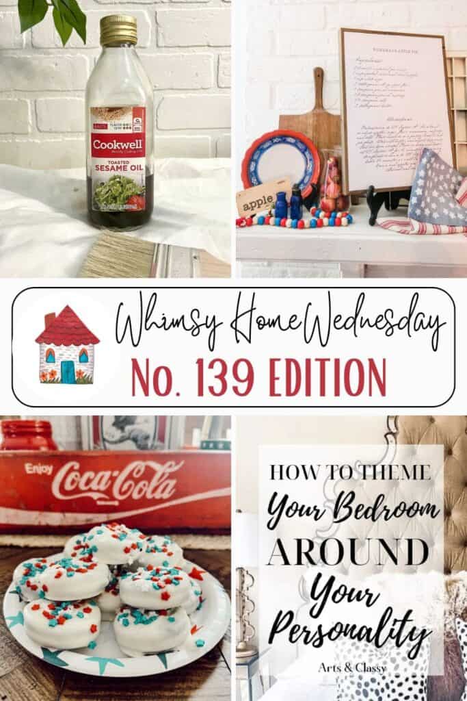 A collage featuring a sesame oil bottle, a patriotic-themed kitchen display, white chocolate-covered treats with red and blue sprinkles, and a book about bedroom decorating.
