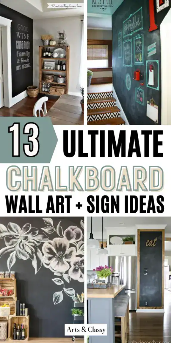 A collage of chalkboard wall art and sign ideas in home interiors, featuring chalkboard menus, floral designs, and decorative writing in kitchens and dining areas.