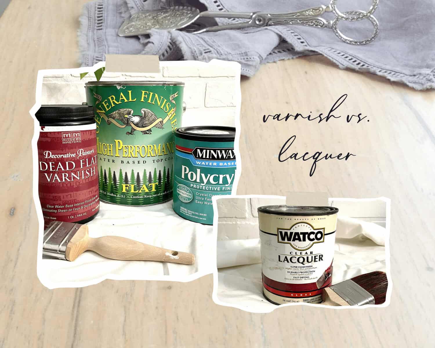 Cans of varnish and lacquer with paintbrushes on a white surface, illustrating a comparison between varnish and lacquer.