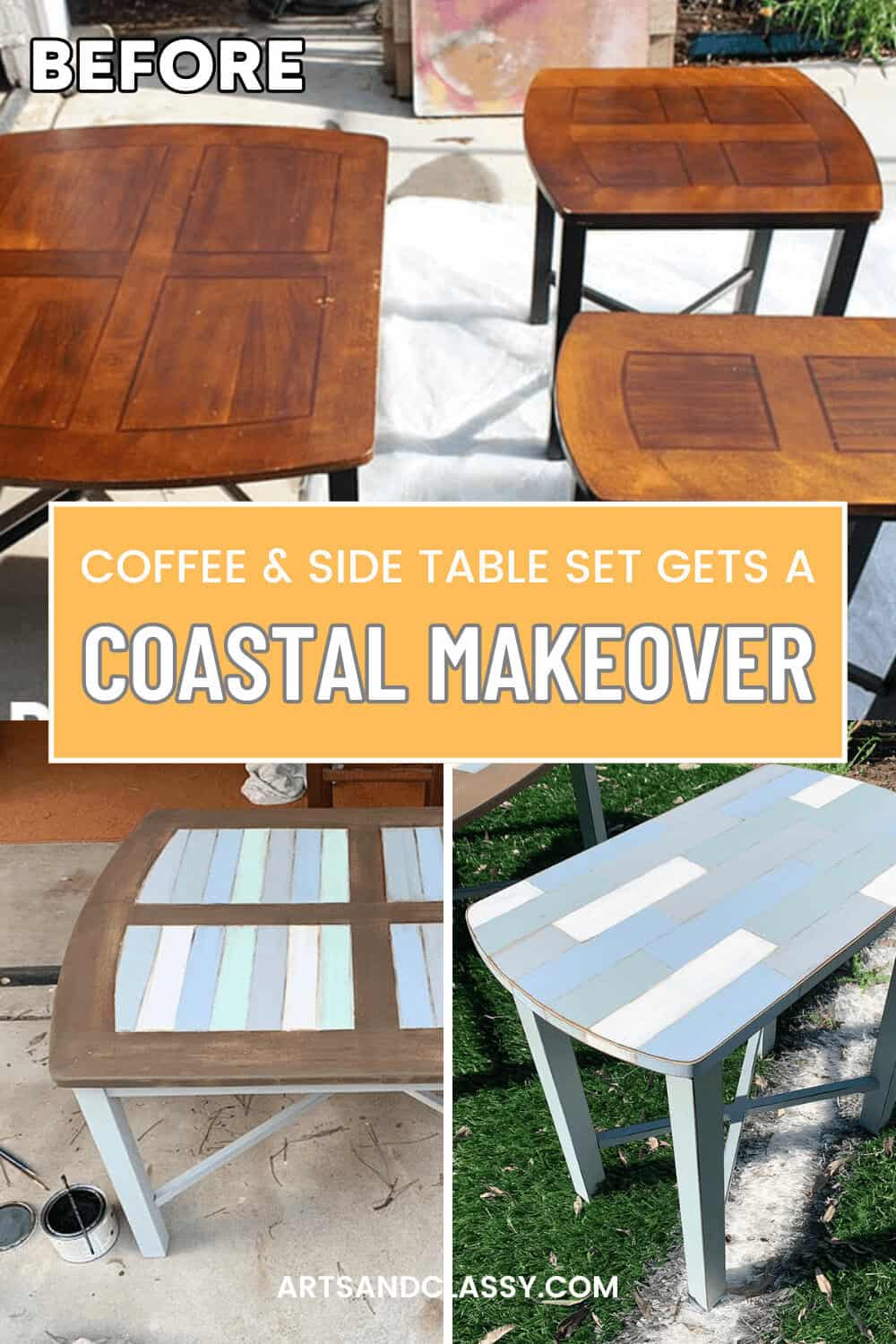 Two wooden tables are shown before and after a makeover; originally dark brown, they are refinished with a light, coastal-inspired color palette in the "after" images.